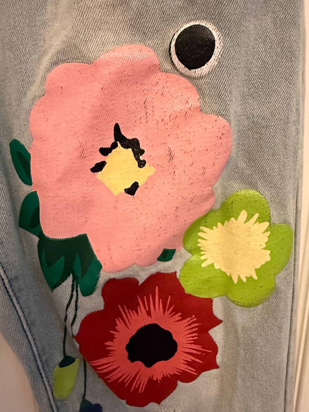Size L High Waisted MISSLOOK floral painted distressed light wash jeans - Picture 3 of 6